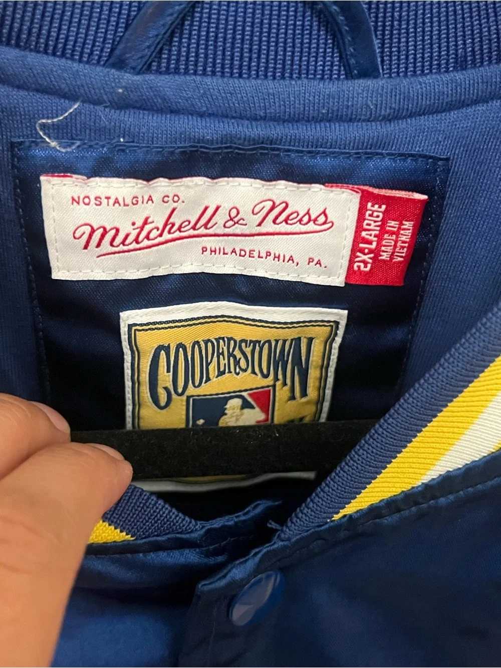 Mitchell & Ness Blue and Yellow Satin Varsity Bomber Jacket